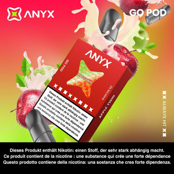 ANYX GO Pod - Apple Twin delivers smooth, rich flavor with every puff! Compatible with the ANYX Pro and ANYX Go device, this product is crafted with organic cotton and a unique manufacturing process for superior vapour delivery and exceptional satisfaction.  Content: 3 ANYX GO Pods (2ml) per package