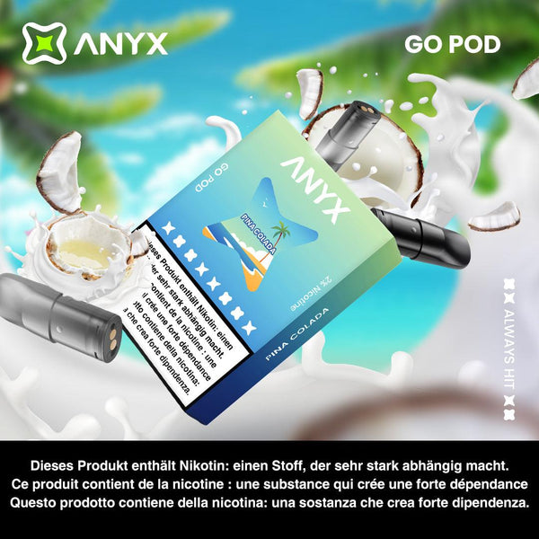 A balanced combination of pineapple juice, coconut milk, and rum blended together for a creamy and indulgent flavor. ANYX GO Pod - Pina Colada produces an intensely flavorful draw with each inhalation. Compatible with the ANYX Pro and ANYX Go device, this product is crafted with organic cotton and a unique manufacturing process for superior vapour delivery and exceptional satisfaction.  Content: 3 ANYX GO Pods (2ml) per package