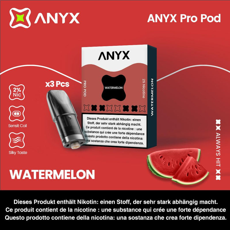 Experience the refreshing flavour of fresh Watermelon with the ANYX Pro Pod.  Every pack contains three pods, all equipped with Sensit Coil Technology for an unmatched flavour experience. Say goodbye to fading flavour and leaking, and enjoy an uninterrupted vape. Compatible with the ANYX Pro and ANYX Go Device.  Content: 3 ANYX Pro Pods (2ml) per package