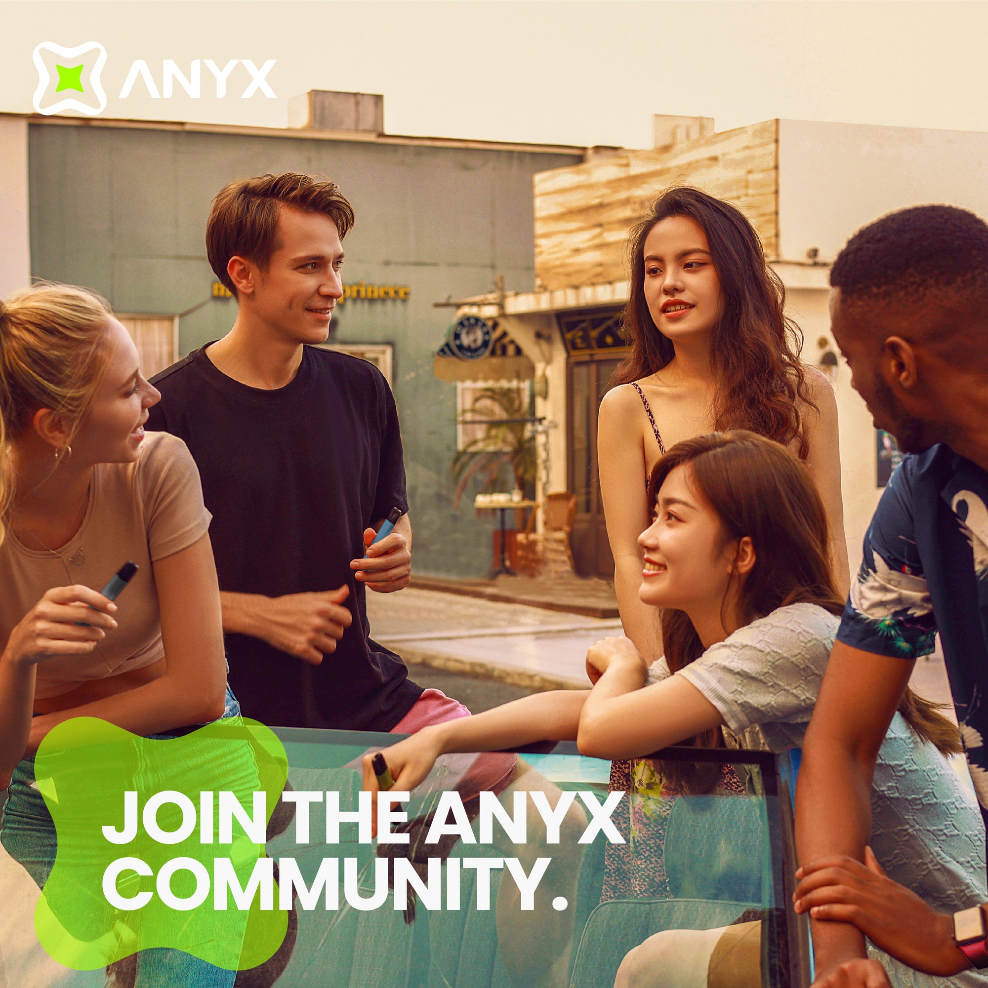 Group of adults holding ANYX Pro Vaping devices 
