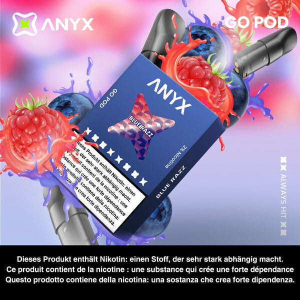ANYX GO Pod - Blue Razz delivers smooth, rich blueberry and raspberry flavour with every puff! Compatible with the ANYX Pro and ANYX Go device, this product is crafted with organic cotton and a unique manufacturing process for superior vapour delivery and exceptional satisfaction.  Content: 3 ANYX GO Pods (2ml) per package
