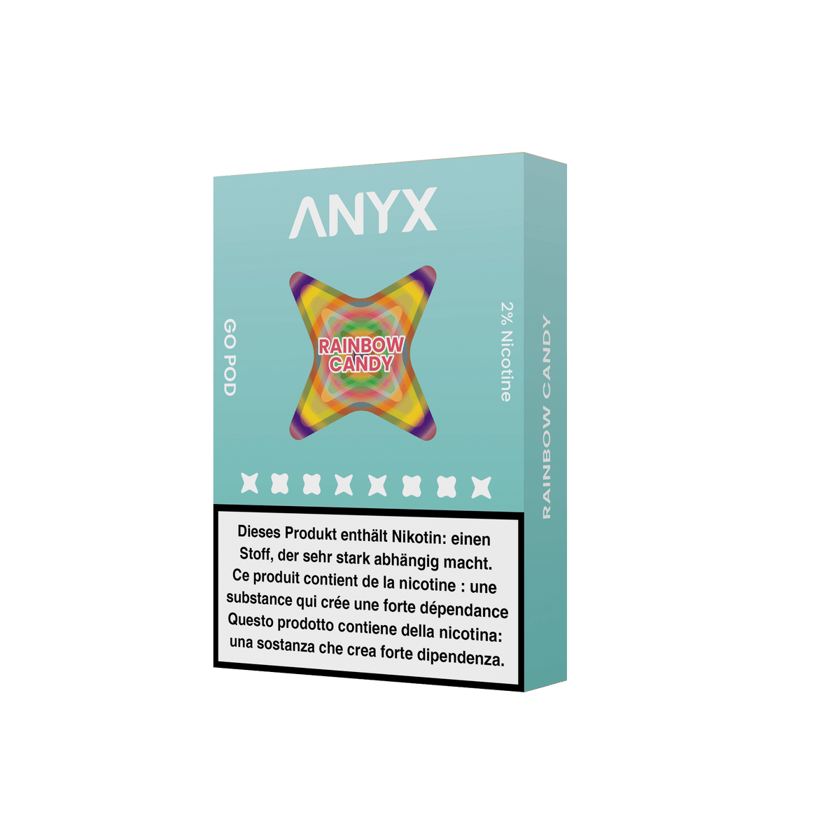 ANYX GO Pod - Rainbow Candy produces a remarkably full-flavored draw with every inhalation!  Looking for the taste of a rainbow? This blend of strawberry, grape, lemon, green apple, and orange is sure to dazzle the senses!  Compatible with the ANYX Pro and ANYX Go device, this product is crafted with organic cotton and a unique manufacturing process for superior vapour delivery and exceptional satisfaction.  Content: 3 ANYX GO Pods (2ml) per package
