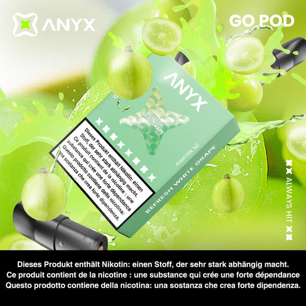 ANYX GO Pod - Refresh White Grape delivers smooth, rich flavor with every puff!   Compatible with the ANYX Pro and ANYX Go device, this product is crafted with organic cotton and a unique manufacturing process for superior vapour delivery and exceptional satisfaction.  Content: 3 ANYX GO Pods (2ml) per package