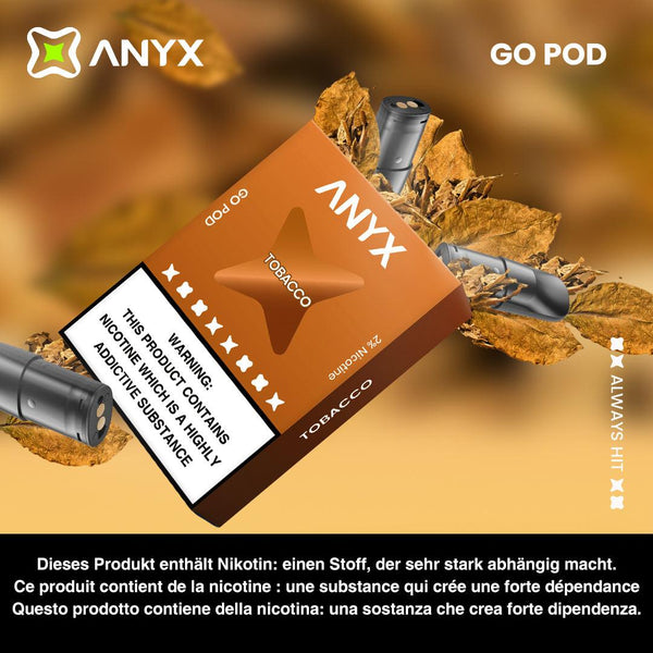 A classic! Perfect for those who miss the taste of tobacco without the lingering smell, the ANYX Go Pod Tobacco features notes of medium blend tobacco with a smoky aromatic finish.   Compatible with the ANYX Pro and ANYX Go device, this product is crafted with organic cotton and a unique manufacturing process for superior vapour delivery and exceptional satisfaction.  Content: 3 ANYX GO Pods (2ml) per package