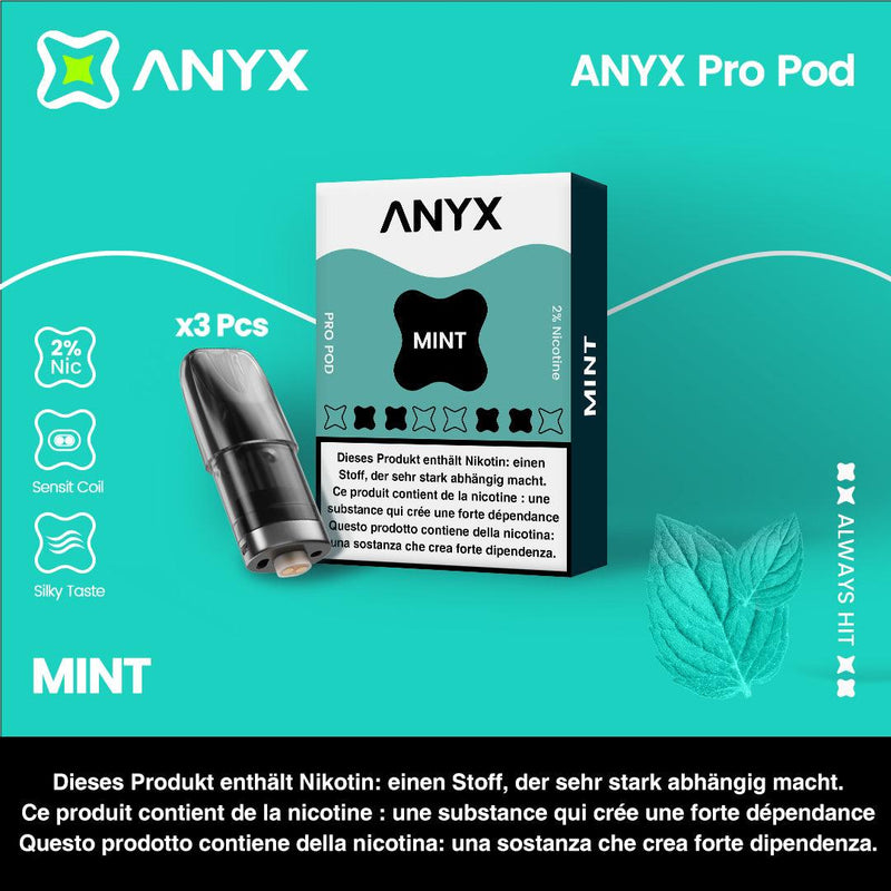 Experience the refreshing flavour of Mint with the ANYX Pro Pod.  Each pack contains three pods, all equipped with Sensit Coil Technology for an unmatched flavour experience. Say goodbye to fading flavour and leaking, and enjoy an uninterrupted vape. Compatible with the ANYX Pro and ANYX Go Device.  Content: 3 ANYX Pro Pods (2ml) per package