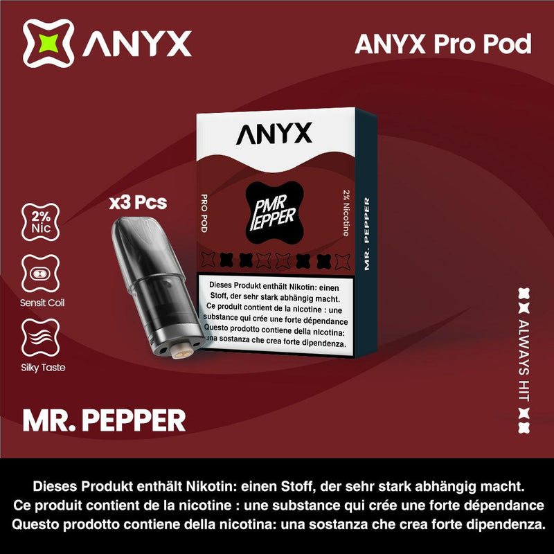The ANYX Pro Pod – Mr. Pepper delivers a unique flavour experience with its cola-like beverage notes and a hint of coolness. Enjoy a sweet fizzy taste in each puff with underlying notes of mixed fruits for an unforgettable vape. Refresh your senses with this tantalising flavour.  Each pack contains three pods, all equipped with Sensit Coil Technology for an unmatched flavour experience. 