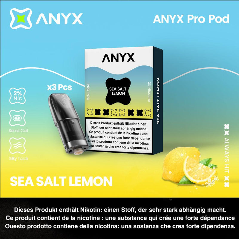 The ANYX Pro Pod - Sea Salt Lemon delivers a flavourful blend of sweetness and tartness, with a touch of saltiness. You can expect notes of soft effervescence and citrus buzz that are reminiscent of sherbet lemon boiled sweets. Enjoy a perfectly balanced combination of citrus and saltiness.  Every pack contains three pods, all equipped with Sensit Coil Technology for an unmatched flavour experience. Say goodbye to fading flavour and leaking, and enjoy an uninterrupted vape. 