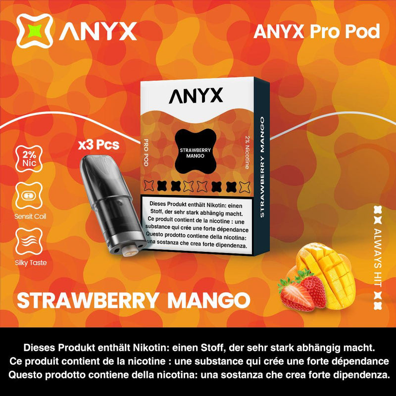 Experience the best of strawberry and mango flavours with the ANYX Pro Pod.  Every pack contains three pods, all equipped with Sensit Coil Technology for an unmatched flavour experience. Say goodbye to fading flavour and leaking, and enjoy an uninterrupted vape. Compatible with the ANYX Pro and ANYX Go Device.  Content: 3 ANYX Pro Pods (2ml) per package